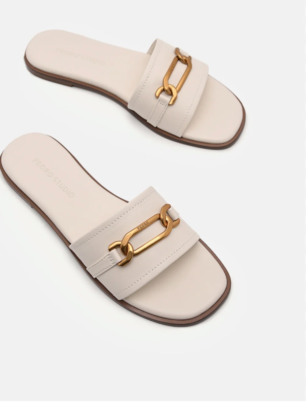Leather Cream Slide Sandals with Gold Chain Detail